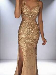 Glitter Gold Flakes High Waist Party Party Party Long Dress Evening Dress Elegant Dress - 金色 - 查看 1