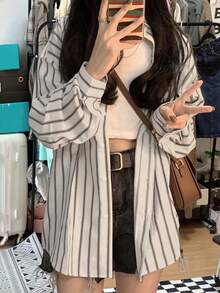 宽松口袋条纹长袖衬衫，百搭休闲上衣 - 杏色條紋 - 查看 4
