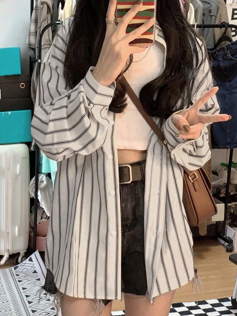 宽松口袋条纹长袖衬衫，百搭休闲上衣 - 杏色條紋 - 查看 1