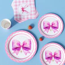 Glitter Purple Bow Disposable Plate, Napkin, Cup Set, Plates, Napkins And Cups Party Supplies, Serves 8 Guests, Disposable Paper Plates Party Tableware Suitable For Birthday, Wedding, Theme Party, Family Picnic - Multicolor - View 4