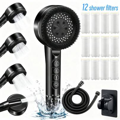 15 رأس دش محمول بضغط مع فلتر، أربعة أوضاع للرشاش، رأس دش بتقنية الأيونات، مزود بمفتاح تشغيل/إيقاف، مدلك دش مع خرطوم، وحامل قابل للتعديل لمياه عسرة