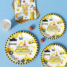 工程车主题生日快乐一次性餐盘、餐巾纸、杯子套装，包含餐盘、餐巾纸和杯子，适合8位客人使用，一次性纸盘，派对餐具，适用于生日、婚礼、主题派对、家庭野餐等场合。 - 彩色 - 查看 4