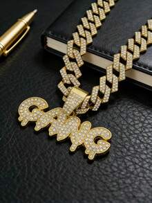 1pc European American Brand "GANG" English Letter Rhinestone Pendant Necklace, Hip-Hop Men's Daily Accessory - GANG Pendant Necklace - View 2