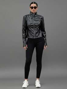 女士修身立领仿皮夹克，运动风拉链外套，带拇指孔袖口，休闲日常穿着 - 黑色 - 查看 5