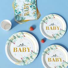 Oh Baby Eucalyptus Leaf Gold Disposable Plate, Napkin, Cup Set, Plates, Napkins And Cups Party Supplies, Serves 8 Guests, Disposable Paper Plates Party Tableware Suitable For Birthday, Wedding, Theme Party, Family Picnic - Multicolor - View 4