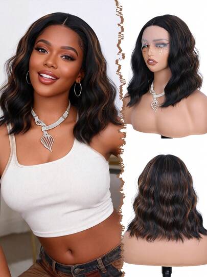 女士短款波浪卷发假发，13*4*1 T型分缝蕾丝前额波波头造型，合成纤维材质，耐热，外观自然，适合日常发型，12英寸