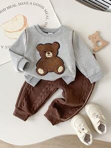 2pcs/Set Cute Cartoon Bear Pattern Gray Striped Long Sleeve Sweatshirt And Brown Straight Leg Pants Outfit For Baby Boy Casual Wear - Multicolor - View 1