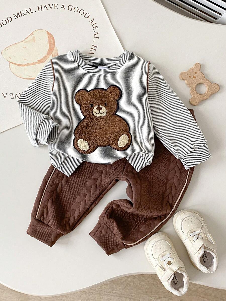 2pcs/Set Cute Cartoon Bear Pattern Gray Striped Long Sleeve Sweatshirt And Brown Straight Leg Pants Outfit For Baby Boy Casual Wear - Multicolor - View 1