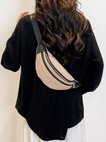 编织胸包，多功能斜挎包，拼接腰包，时尚多功能运动休闲女士胸包/腰包 - 黑色 - 查看 4