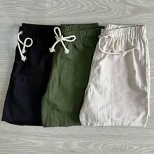 Set Of 3 Men's Linen Shorts, Casual Summer Style, Lightweight, Comfortable, Elastic Waistband With Drawstring - xanh quân đội - Xem 1