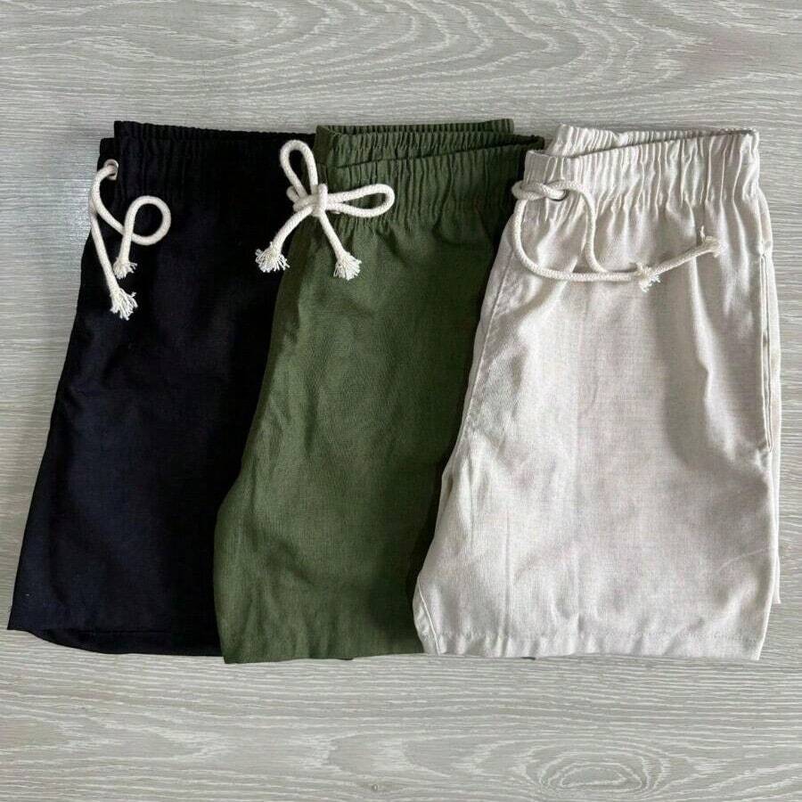 Set Of 3 Men's Linen Shorts, Casual Summer Style, Lightweight, Comfortable, Elastic Waistband With Drawstring - xanh quân đội - Xem 1