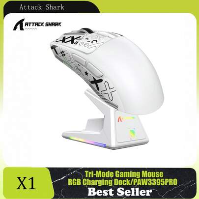  ATTACK SHARK X1 Wireless Gaming Mouse With RGB Charging Dock, PAW3395 PRO Sensor Up To 40K DPI,53g Ultra Light Tri-Mode Computer Mice,1KHz Polling Rate 5 Programmable Buttons For WIN/