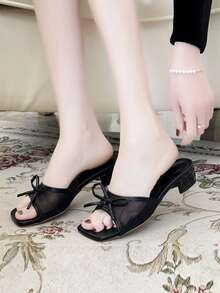 女士凉鞋，夏季厚跟露趾罗马系带蝴蝶结角斗士凉鞋，网面女士拖鞋 - 黑色 - 查看 6