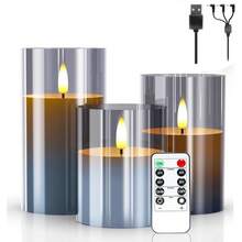 Rechargeable Flameless Candle, LED Flickering Candles Tea Lights Pillar Candles Sets With Adjustable Brightness And Timing Remote, Battery Operated Acrylic USB Candles (D 3"*H 4"5"6") - Grey - View 2