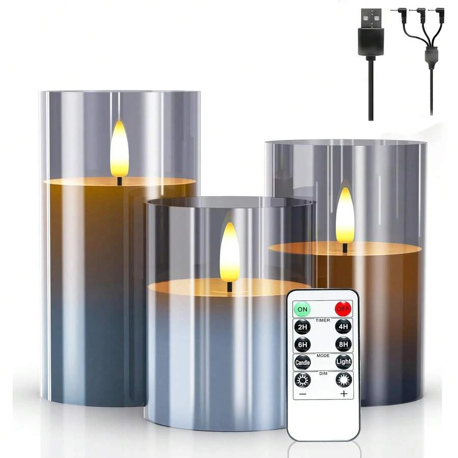 Rechargeable Flameless Candle, LED Flickering Candles Tea Lights Pillar Candles Sets With Adjustable Brightness And Timing Remote, Battery Operated Acrylic USB Candles (D 3"*H 4"5"6")