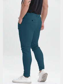 ALLELMS 男士修身抗皱弹力棉斜纹西裤 - 藏蓝色 - 查看 2