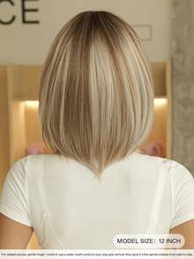 7JHH WIGS 女士短款亚麻金挑染灰色波波头假发，短直发带刘海，全机织耐热假发，适合日常派对、音乐节庆典和角色扮演等场合佩戴，12英寸 - 亞麻金 - 查看 4