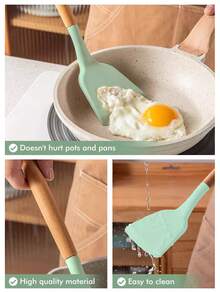 Meoky 12pcs Wooden Handle Silicone Kitchen Utensil Set, Heat Resistant Non-Stick Cooking & Baking Tools, Suitable For Kitchen - Green - Regular - View 5