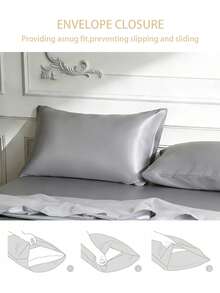 3pcs Silky Satin Bed Sheets, Soft & Breathable, Wrinkle-Resistant, Luxurious Hotel Style, Ideal Gift For Parents & Friends, Available In Multiple Colors & Sizes, Suitable For Twin, Full, Queen, King Beds - Silver - View 7