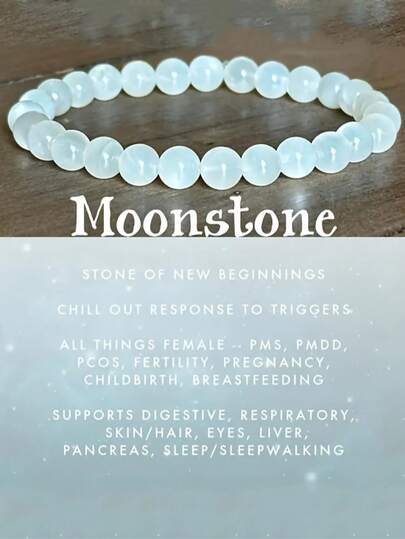 Piedra de luna hecha a mano de 8 mm, "Piedra de nuevos comienzos", promueve la calma y ayuda a responder a los desencadenantes. El color de la piedra natural puede variar de la imagen.