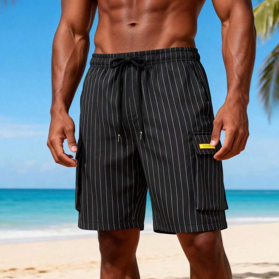 男士黑色条纹抽绳腰带工装口袋休闲短裤，夏季 - 黑色 - 查看 1