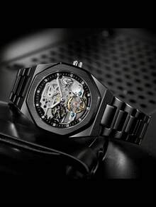 FORSINING 1件男士时尚镂空自动机械表，带夜光指针，奢华品牌镶钻男士腕表，含礼盒 - 黑色 - 查看 5