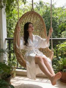 一件纯色优雅系腰浴袍，性感短款缎面丝绸睡衣，轻盈针织睡袍，新娘晨袍，丝绸睡袍，婚礼晨袍，适合新娘、伴娘、居家及酒店穿着，婚礼季短款连衣裙，可作浴袍或睡衣穿着。 - 彩色 - 查看 7