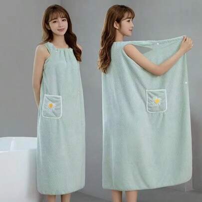 Women's Quick-Dry Bathrobe With Thick Straps - Highly Absorbent Spa And Sauna Dress With Daisy Pockets, Available In Purple, Light Blue And Pink - Soft Polyester Material, Fashionable Style, Spa Towel Dress | Fashionable Bathrobe | Soft Polyester Bathrobe Bathroom Decor