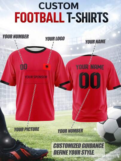 Maglietta da calcio personalizzabile per uomo taglia oversize, Albania, girocollo, in tessuto traspirante e assorbente, comoda e traspirante, adatta per partite di squadra, allenamento, sport, abbigliamento casual, tifo, regali, di moda per la stagione sportiva primavera/estate