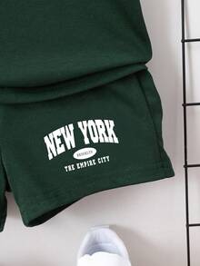 2pcs/Set Boys' Casual Multifunctional Minimalist Letter Print Short Sleeve T-Shirt And Shorts, Suitable For Outdoor, School, Vacation, Travel, Relaxation, Sunbathing And Other Summer Occasions - Dark Green - View 4