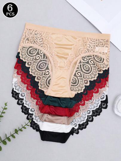 6pcs Satin Lace Trim Hipster Panties, Versatile Lace Underwear, Suitable For All Seasons