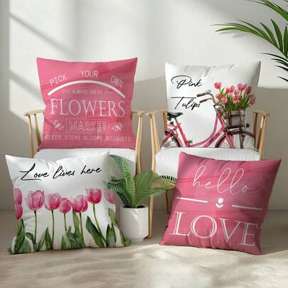 4pcs Simple Spring Pink Tulip Bicycle Pillow Covers, Single-Sided Floral Print Soft Peach Velvet Material, 45*45CM Cushion Covers For Indoor Decor, Party, Gift