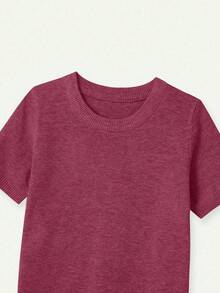 New Spring/Summer Women Knit Short Sleeve Top, Casual Minimalist Watermelon Red Solid Color Crew Neck Pullover, Suitable For Daily Wear And Commuting - Plum Red - View 7