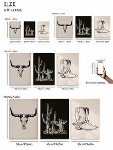 3件套西部牛仔帆布墙画 – 牛头骨、仙人掌和靴子黑白印花，现代简约风格，适用于客厅、卧室和办公室，可选配画框 - 彩色 - 查看 3