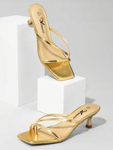 Athlefit Women's Strappy Kitten Heels Flip Flops Square Open Toe Low Heels Fashion Party Dress Thong Heeled Sandals - 金色 - 查看 4