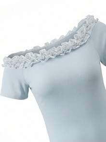 独特设计的层叠荷叶边不对称肩部T恤，女士款，防皱，收腰，修身剪裁，夏季款 - 藍色 - 查看 9