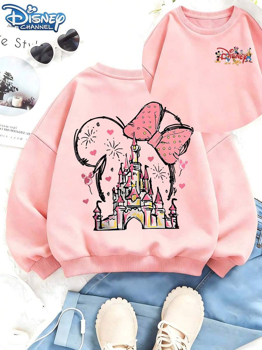 This Disney Pink Castle Minnie Mouse Sweatshirt Features A Dreamy And Adorable Hand-Painted Style Design, Adorned With Charming Bows And A Disney Castle Motif. The Fabric Is Soft And Warm, Making It Perfect For Everyday Wear, Family Outings, And Various Other Occasions. - Hồng - Xem 1