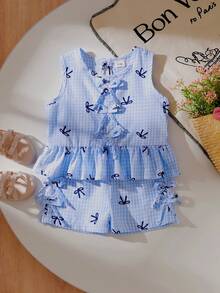 2件套女婴夏季轻薄休闲度假风可爱蝴蝶结格纹荷叶边无袖上衣和松紧腰短裤套装 - 藍色 - 查看 1