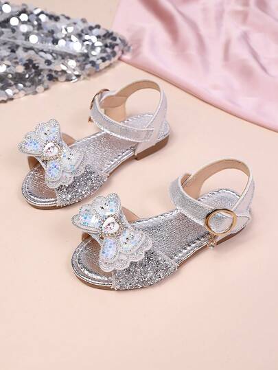1 par de sandalias vintage para niñas con lazo hueco y rhinestones, estilo dulce, suela de goma antideslizante de verano nueva, punta abierta transpirable y de moda, adecuada para fiestas, vacaciones, sandalias de playa con suela suave y antideslizante