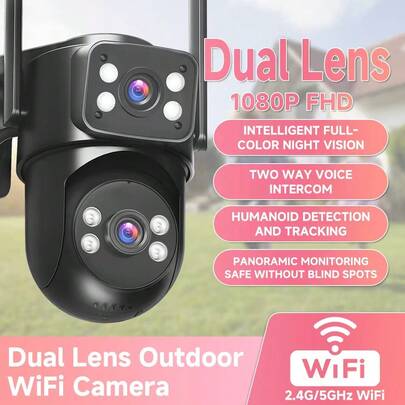 Cámara de inteligente para el hogar de doble lente, cámara WiFi de banda dual 2.4G/5GHz, sistema de monitoreo IP65 para exteriores con visión nocturna infrarroja, detección de movimiento humano, audio bidireccional, alarma de aplicación, visión nocturna, giro de 355° y inclinación de 90°, almacenamiento en la nube (de pago).
