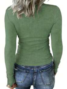 Women's Long Sleeve Henley T Shirts Button Down Slim Fit Tops Scoop Neck Ribbed Knit Shirts/Vacation Outfits Women/Valentine Outfits For Women - 酪梨綠 - 查看 2