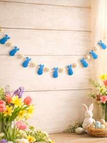 1pc Easter Bunny Wreath, Pink & Blue Felt Rabbit Banner, Spring Holiday Party Decor, Boho Floral Garland, Holiday Home Wall Decor, Lightweight Fabric Party Banner, Living Room Fireplace Mantel Decor, Rustic Boho Easter Decoration, Spring Event Decor, Colorful Felt Animal Wreath - Multicolor - View 5
