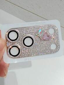 1片装奢华闪亮全屏水钻心形镜头保护膜，兼容 17 Pro Max/17 Pro，防震摄像头屏幕保护膜 - 銀色 - 查看 1