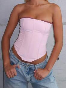 Womens Strapless Bustier Corset Top Y2k Lace Trim Boned Overbust Corset Lace-Up Backless Bodyshaper Tube Top Rave Club Going Out Bustier - Hồng - Xem 1