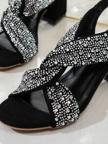 水晶装饰露趾绑带凉鞋，性感镂空高跟鞋 - 黑色 - 查看 11