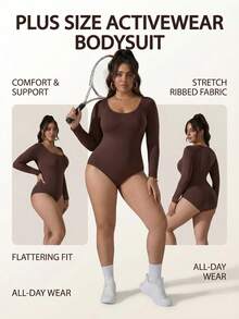 Zimi Collection 1 件装加大码无缝运动塑身连体衣，女款 1XL-5XL，棕色长袖提臀收腹运动连体衣，适合健身房训练、瑜伽、跑步等健身活动。 - 棕色 - 查看 5