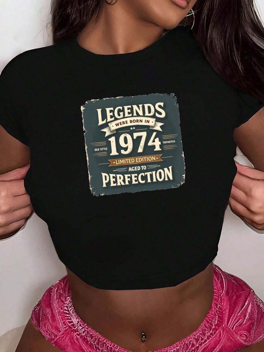 Legends Born In 1974 Vintage Fashionable Women's Short Sleeve T-Shirts - Black - View 1