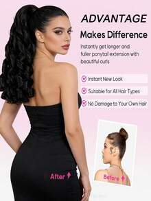 20Inch Long Roman Scroll Synthetic Ponytail Hair Extensions, Drawstring , Black, Suitable For Daily Wear - Multicolor - View 5