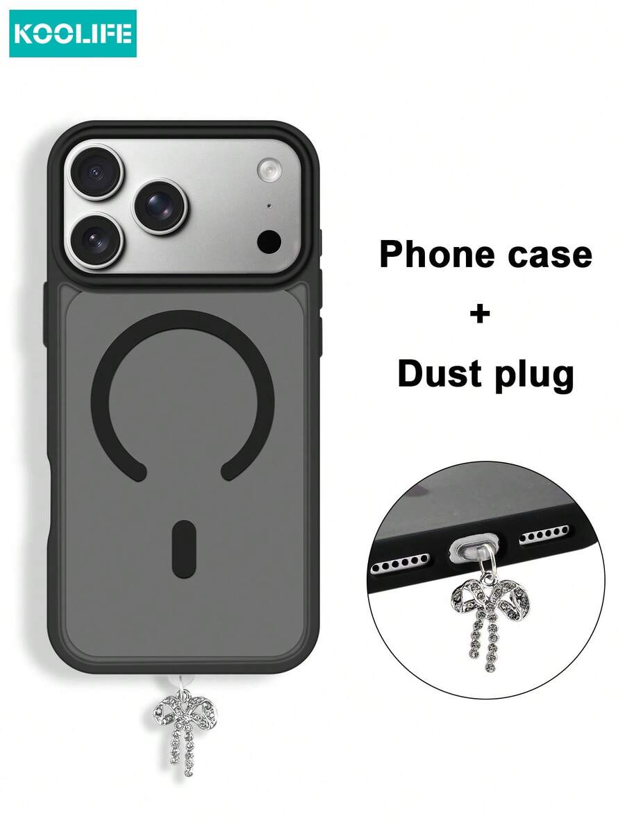 Koolife 1件装苹果17Pro亲肤二合一磁吸手机壳，PC+TPU材质，1.5mm磨砂背板，兼容苹果17ProMax/17/17Pro/17Air/14/14Pro/14ProMax/15/15Pro/15ProMax/16/16Pro/16ProMax/16e - 黑色+蝴蝶配件 - 查看 1