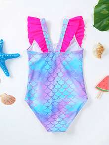 Young Girl Fish Scales Print Ruffle Trim One Piece Swimsuit - Multicolor - View 2